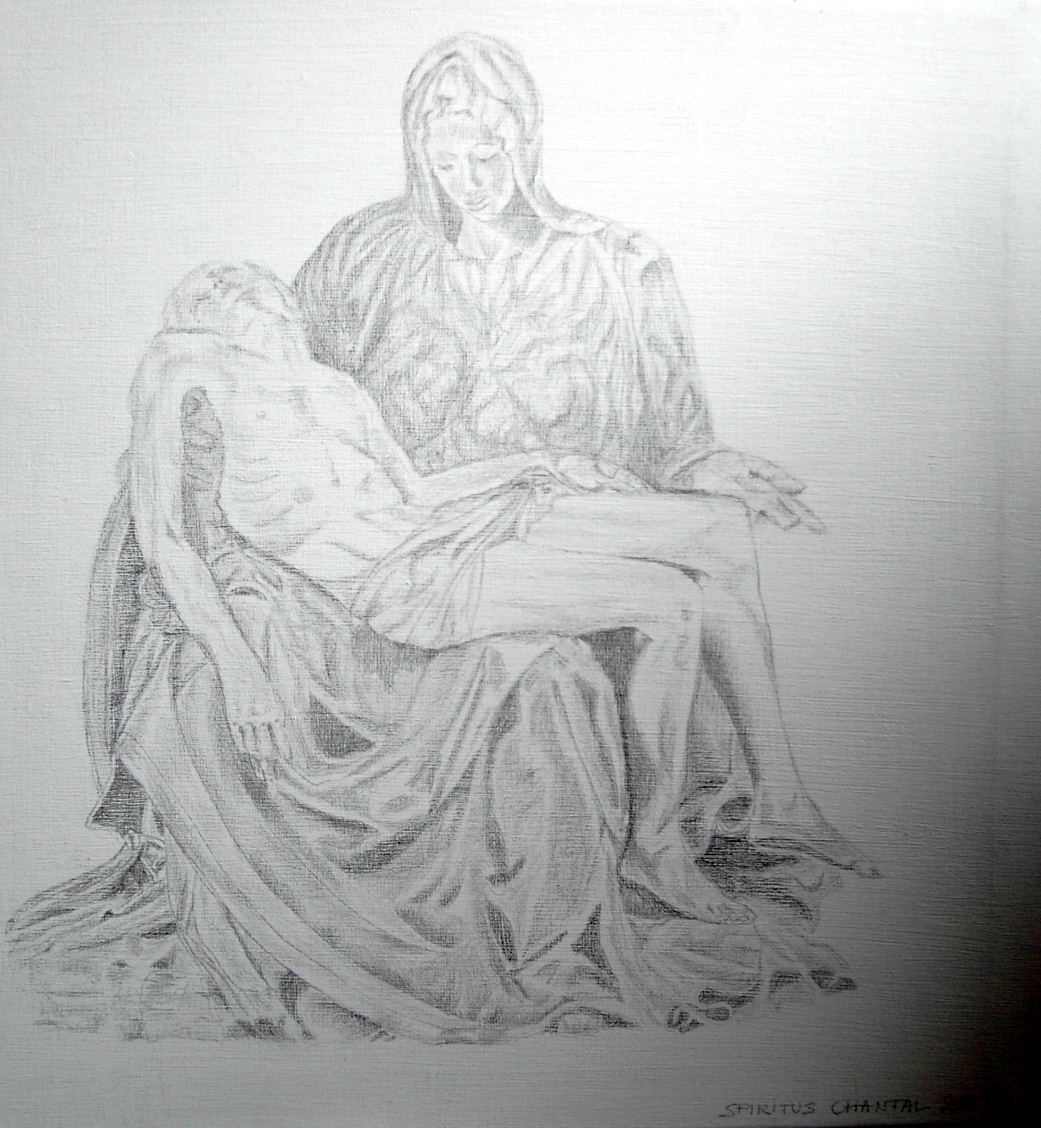 Pietà, beeldhouwwerk van M. Angelo, getekend door Chantal Spiritus
